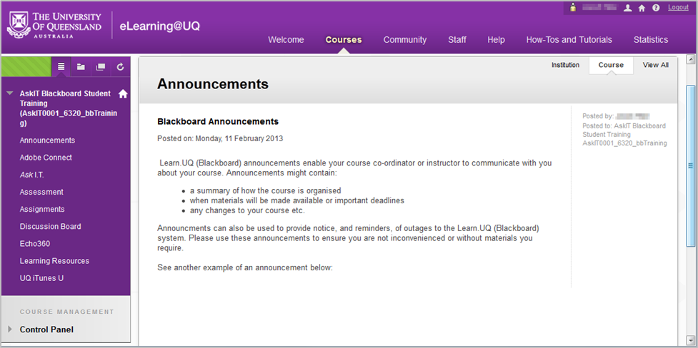 The Announcements page of a Learn.UQ course.
