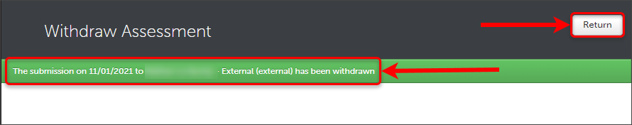Withdrawal confirmation and return button circled.