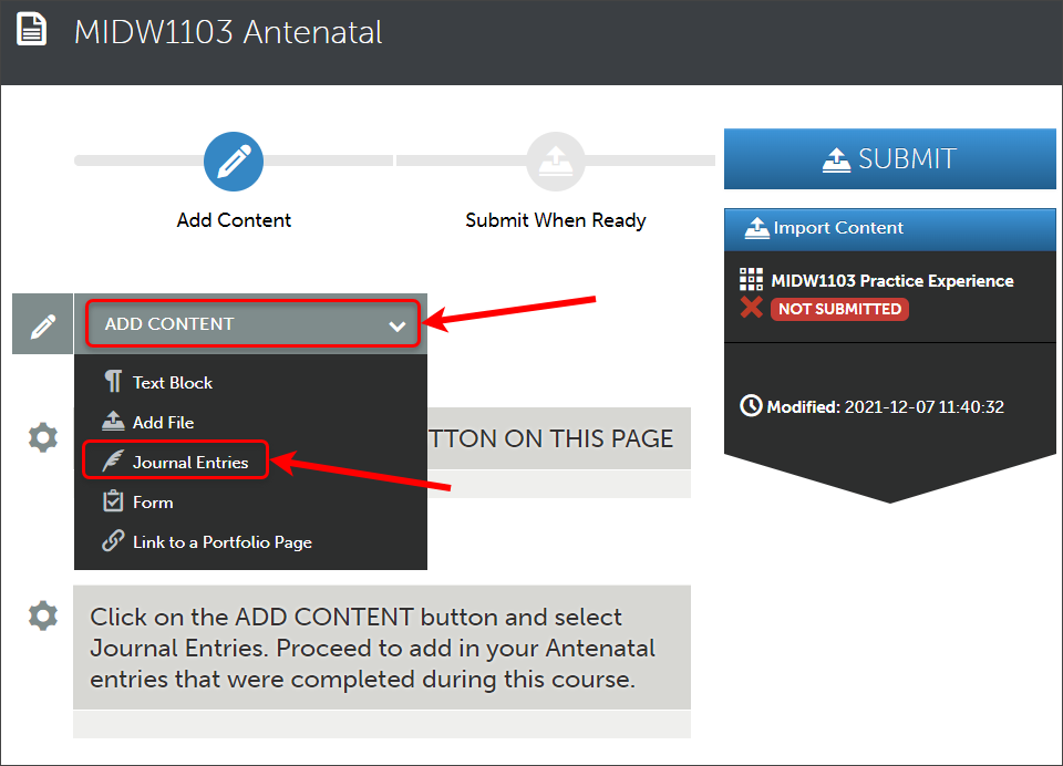 Add content and Journal Entries circled