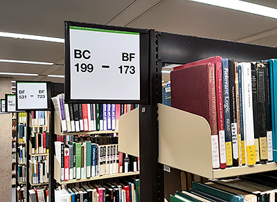 Library shelves, call number signs BC 199-BF 173