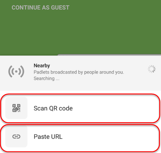 the scan QR code and paste URL options are highlighted