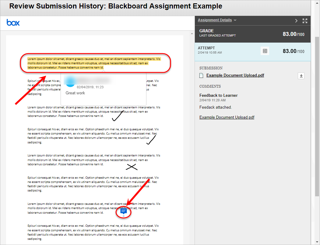 Assignment viewer with highlighted text circled and speech bubble icon.