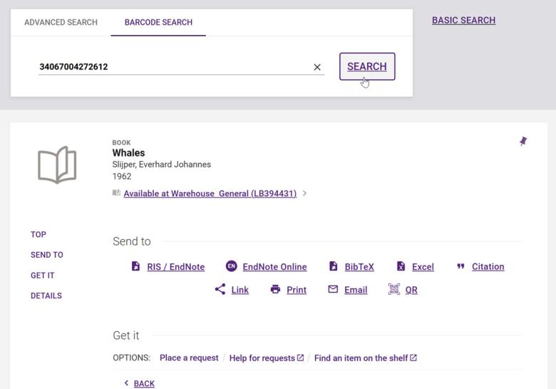 Barcode search: enter a barcode and press the Search button. The item will appear below.