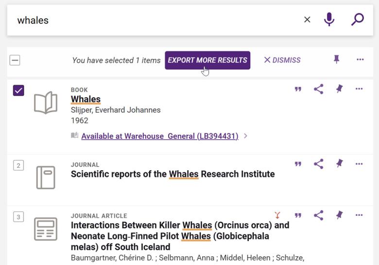 Search result for keyword: whales. 1 result selected using the checkbox above the search results. Toolbar with buttons: Choose top 50, Export more results, Save items to favourites, Show export options and Dismiss.