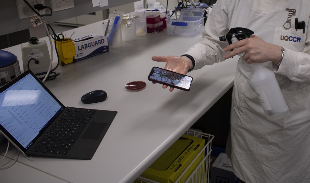 UQ researcher in lab disinfecting their smartphone.