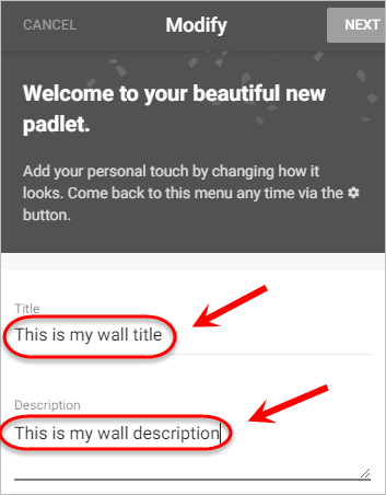 The title and description text-fields are highlighted