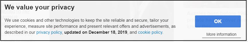 We value your privacy We use cookies and other technologies to keep the site reliable and secure, tailor your experience, measure site performance and present relevant offers and advertisements, as described in our privacy policy, updated on December 18, 2019, and cookie policy.