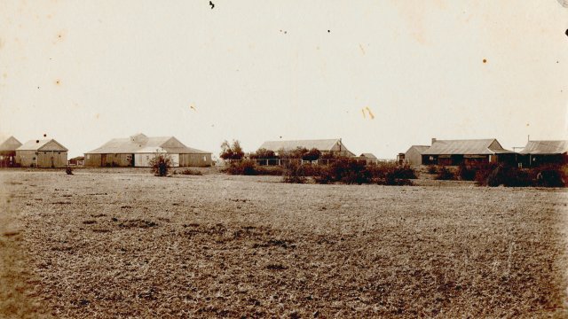 A sepia photograph of the Ayrshire Downs showing a landscape with four houses and scrub