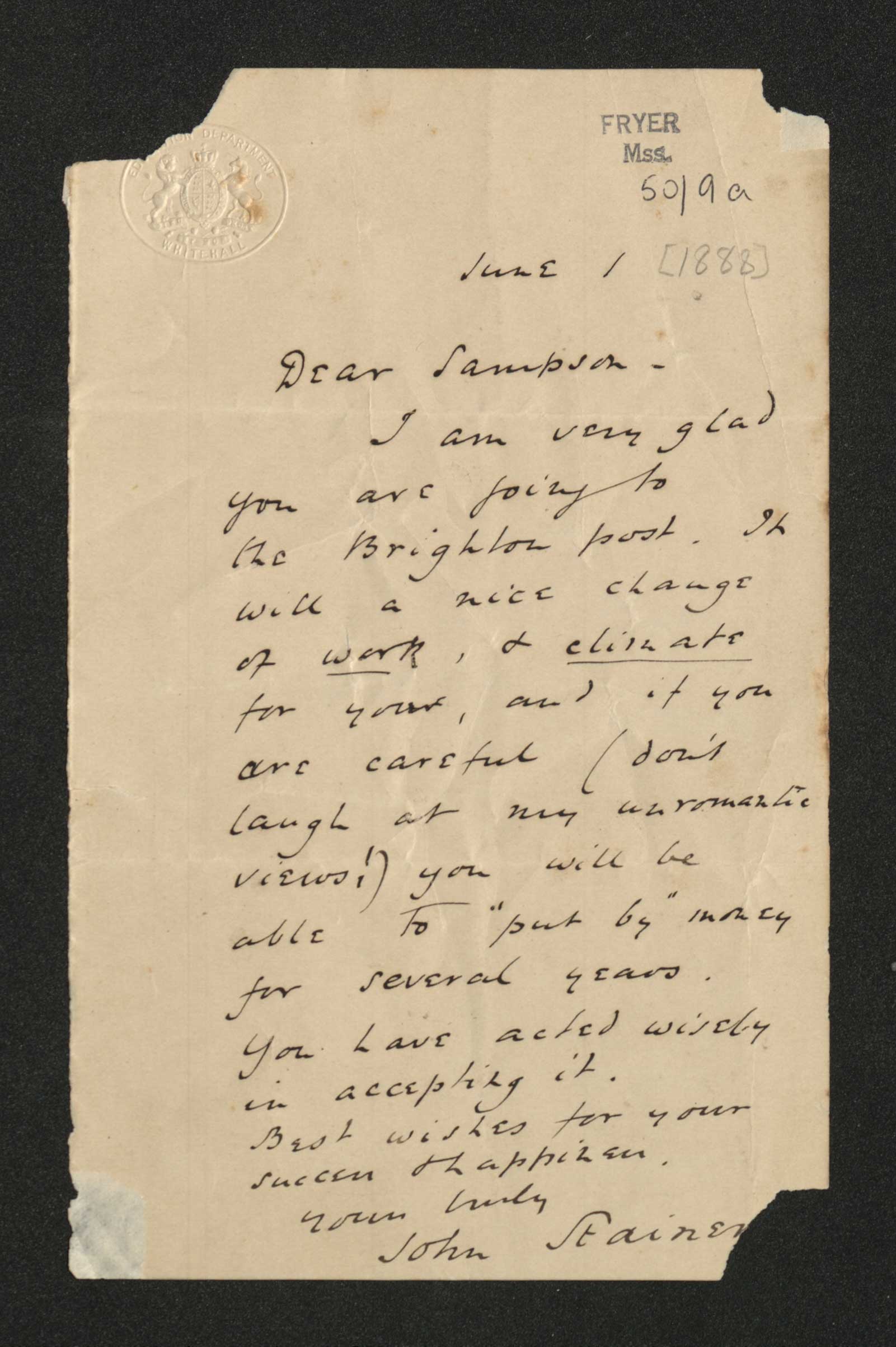 Letter to George Sampson from John Stainer