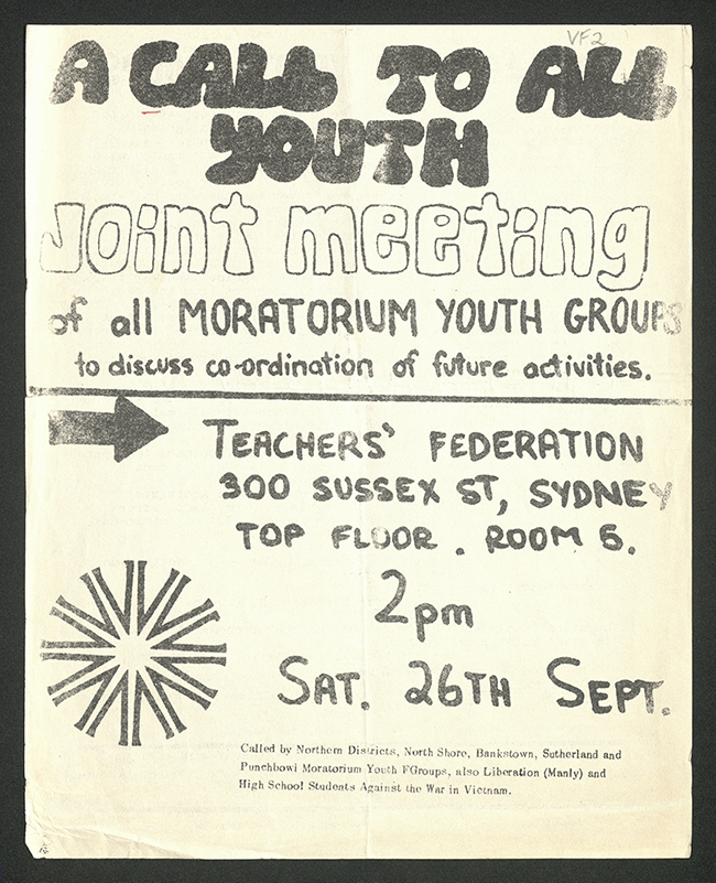 A call to all Youth, Joint Meeting of all Moratorium Youth Groups Saturday 26th September, Fryer Library, FVF633