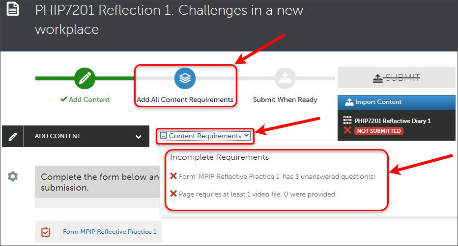Add all content requirements circled, content requirements drop down circled and incomplete requirements circled