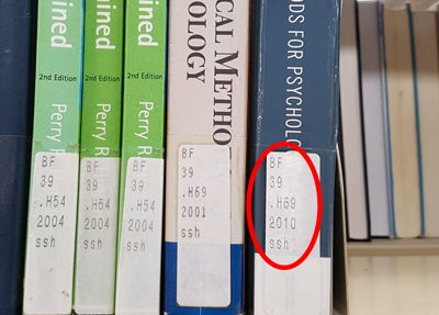 Books on the shelf with visible and ordered call numbers.
