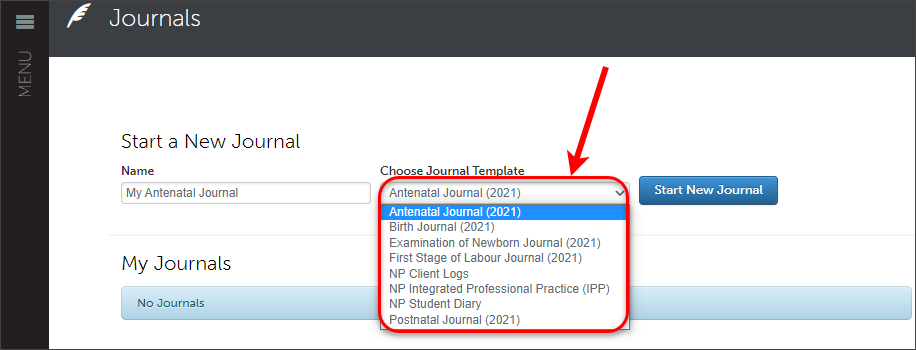 Choose journal template drop-down box circled.
