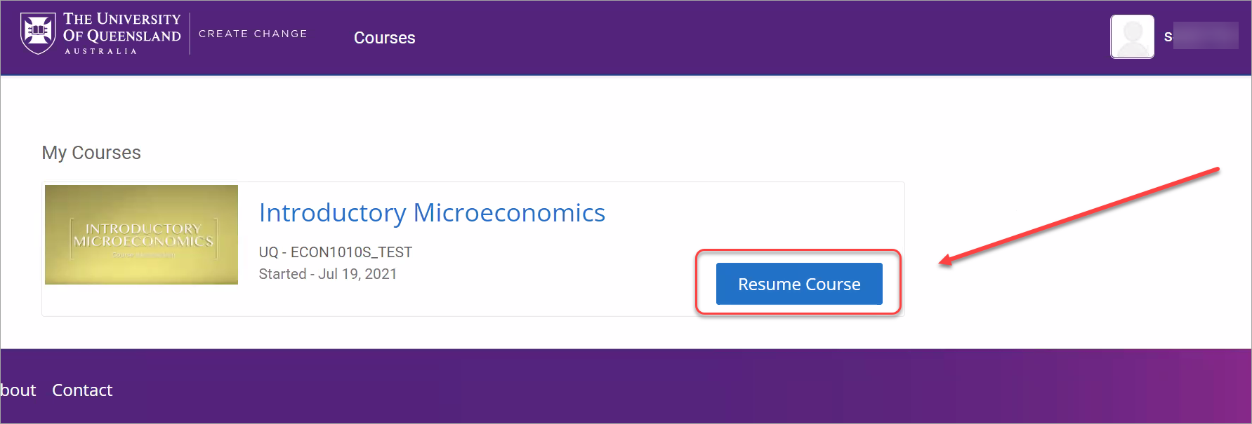 resume course button selected