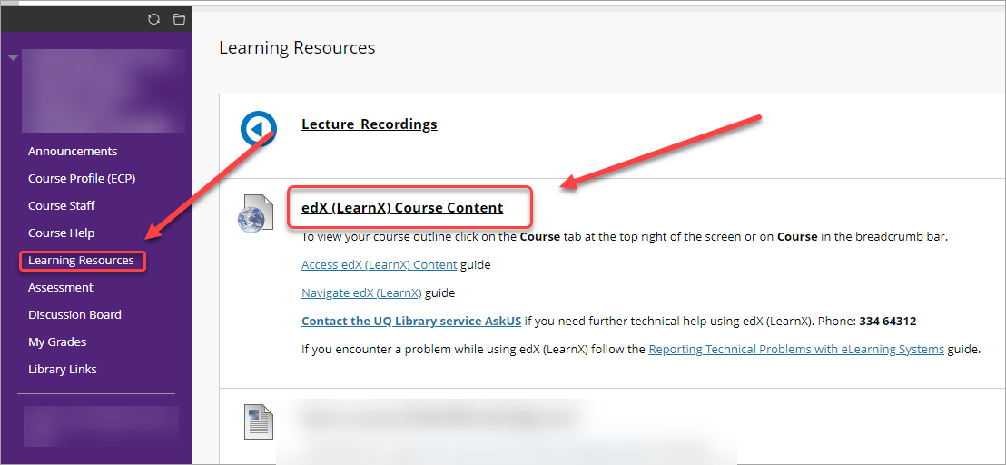 learning resources selected, edx learnx course content link selected