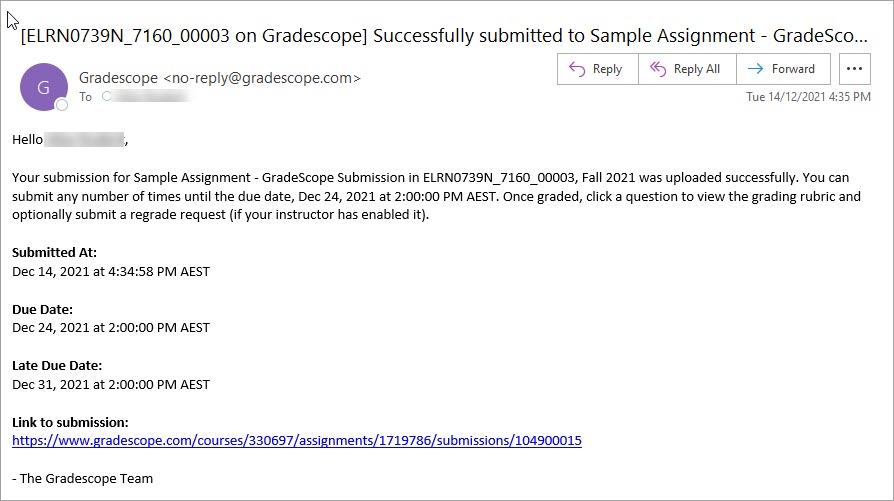 GradeScope confirmation email