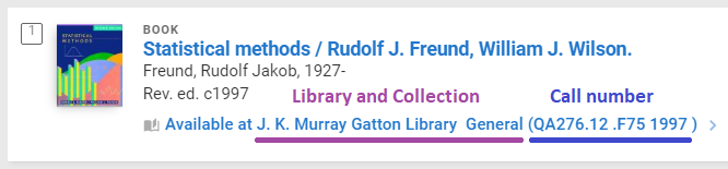 Library search result showing item location information.