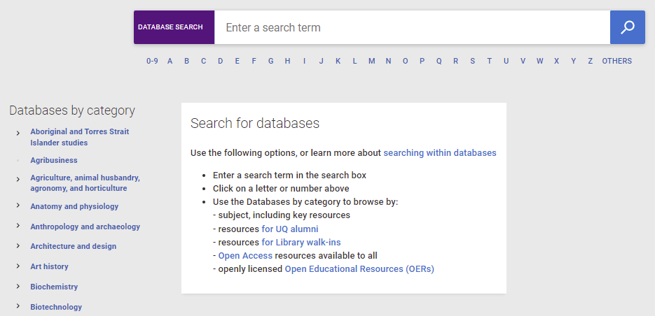Database Search landing page