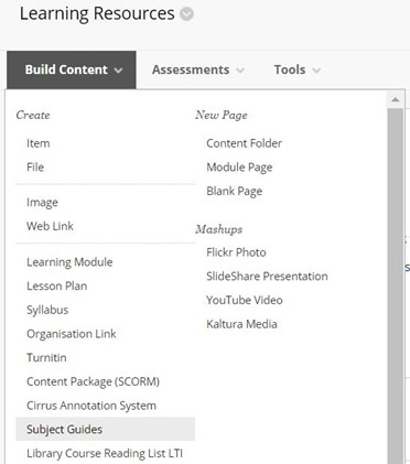 Screenshot of Build Content option to add subject guides