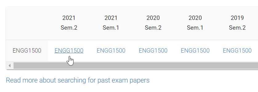 Past exam papers listed from Semester 2, 2021 back to Semester 2, 2019. Mouse pointer over ENGG1500 exam for Semester 2, 2021.