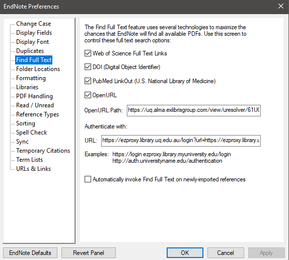 Setting for Find Full Text in EndNote