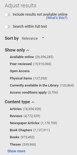 UQ Library Search filters and options to adjust results