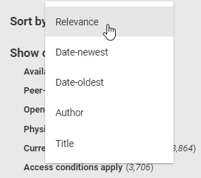 Sort results by relevance, date-newest, date-oldest, author, or title