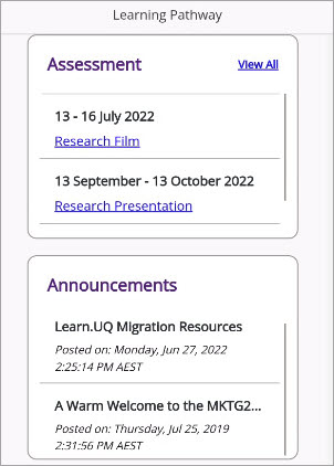 mobile view of assessments and announcements panels