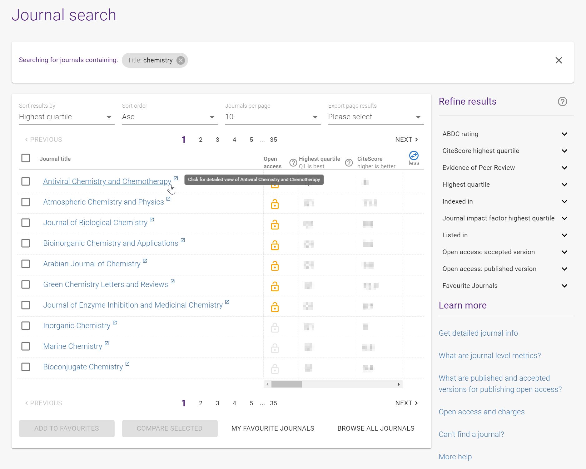 Journal search - results screen. List of journal titles based on your search with table of metrics for comparison.