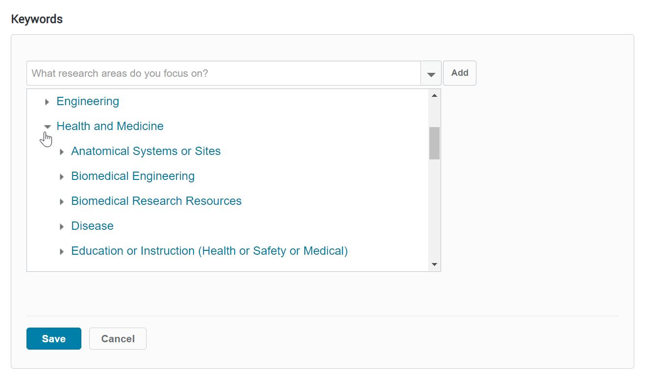 Add Keywords to Pivot-RP profile. Health and Medicine category expanded with sub-categories.
