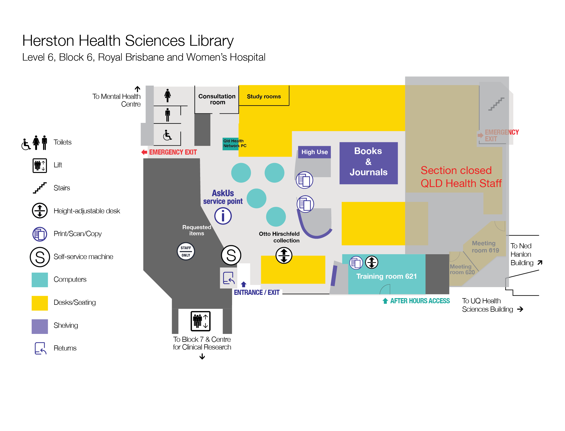 Floor plan Herston Library. Part of space is been partitioned off and is unavailable. Click for larger image.