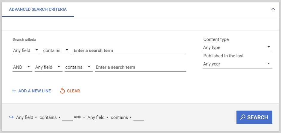 Advanced Search criteria options, including field selectors, prefiltering options, and additional search lines for complex queries