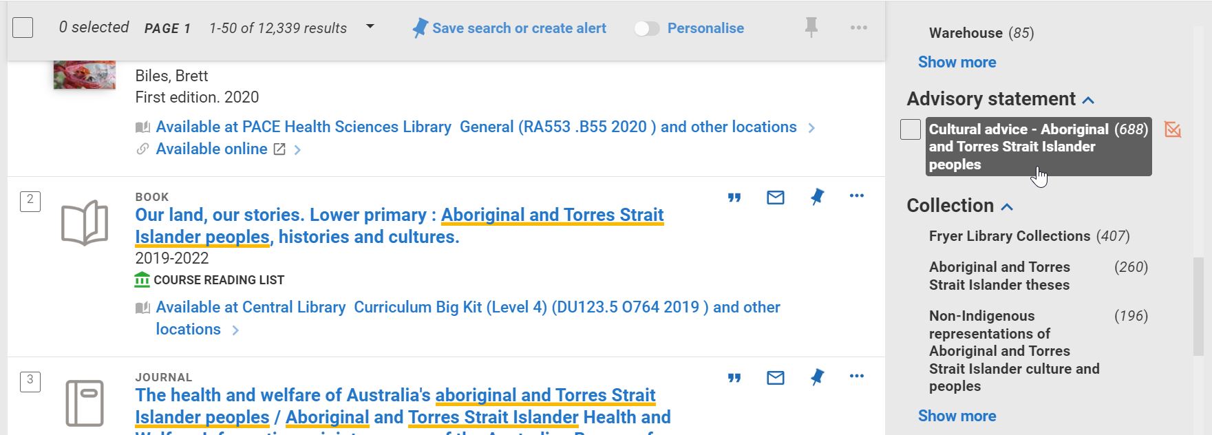 Enlarged version of Library Search results and cultural advice filter.