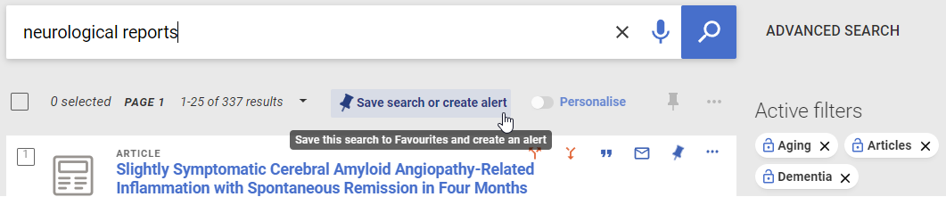 Save search or create alert in Library Search