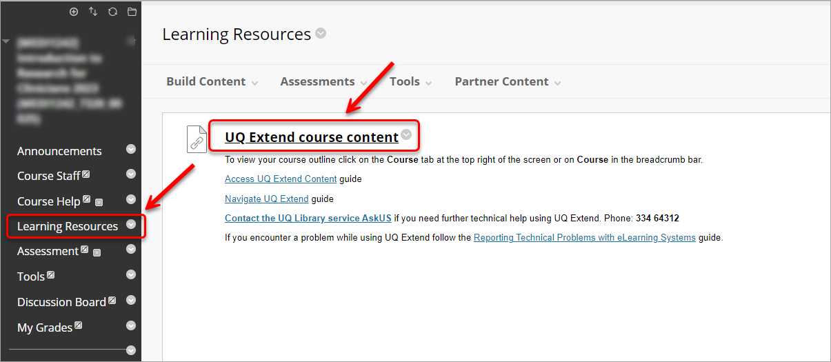 learning resources selected, UQ Extend course content link selected
