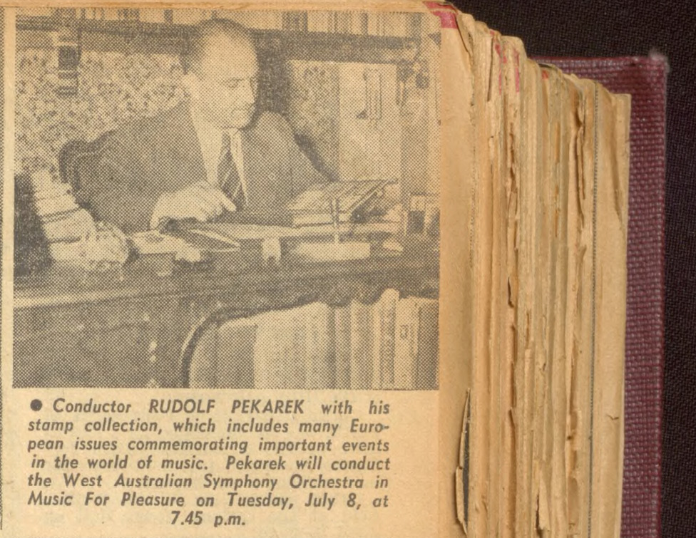 Newspaper clipping with black and white image of Rudolf Pekarek and his stamp collection. Extended description in caption.