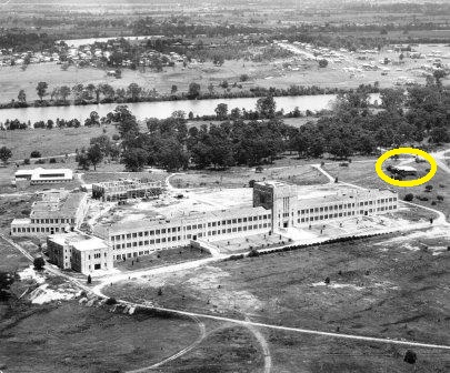 Image of St Lucia site during the construction of Forgan Smith Building with location of Campus Kindy highlighted. Aerial 1947 UQA S908 p1730