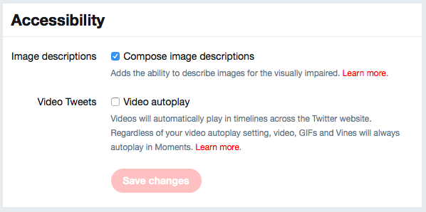 Compose image descriptions checkbox and video autoplay checkbox