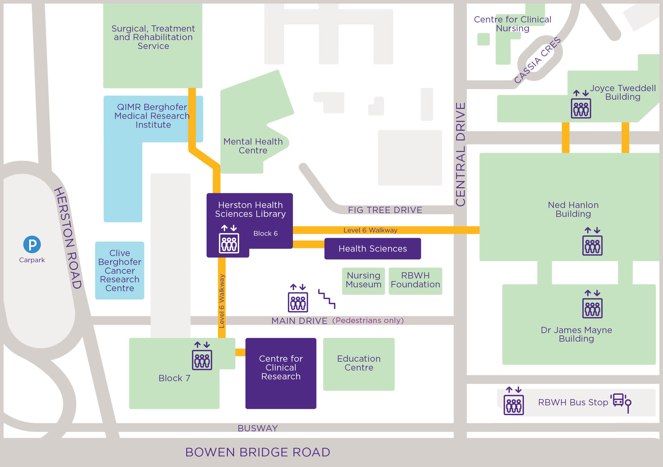Map of Herston campus with directions to the library.