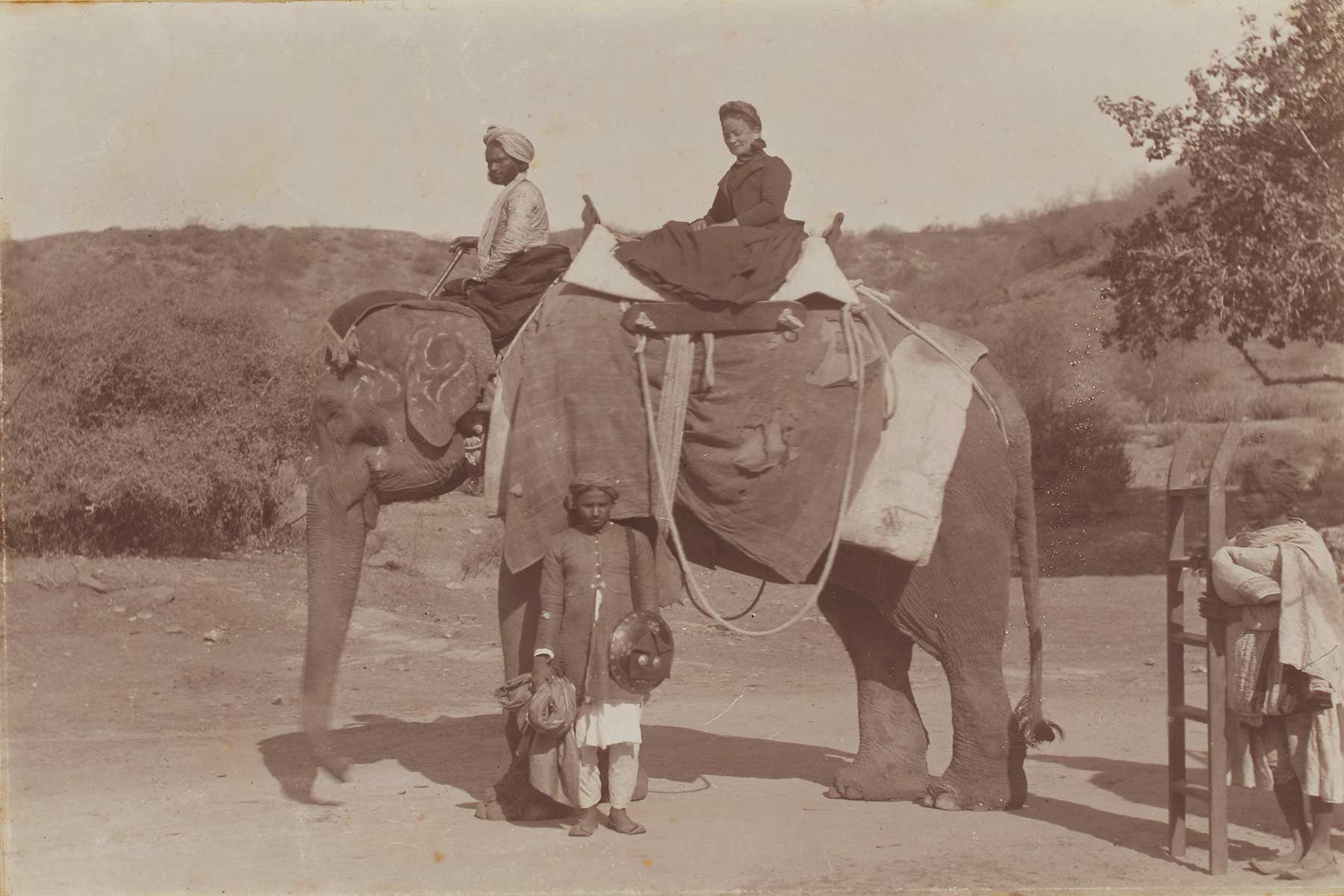 Woman sitting on elephant, Jeypur February 1891