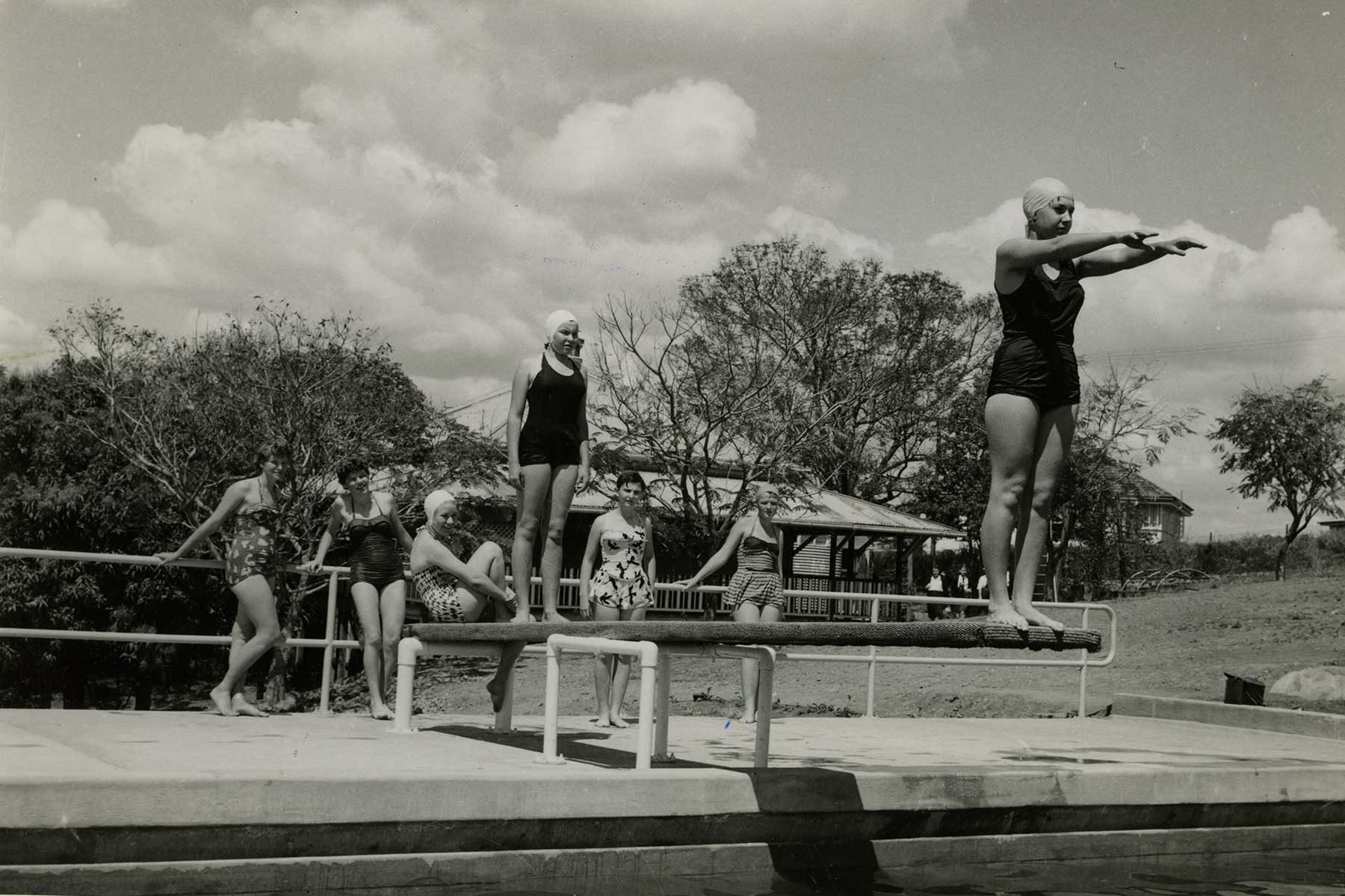 Girls at the swimming pool, Rockhampton Girls' Grammar School, Rockhampton, Queensland, 1948