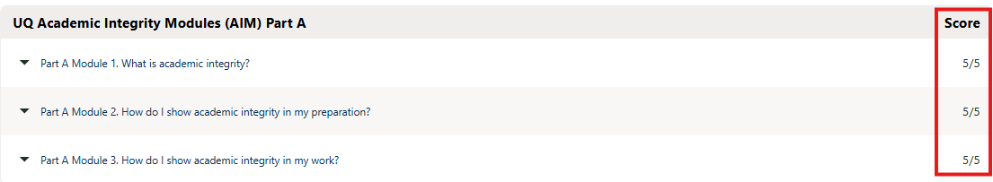 Part A module scores showing 5/5 for each of the three modules.