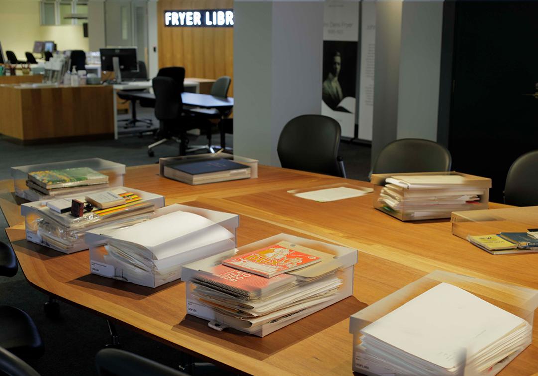 Items on a table in the Fryer Library.