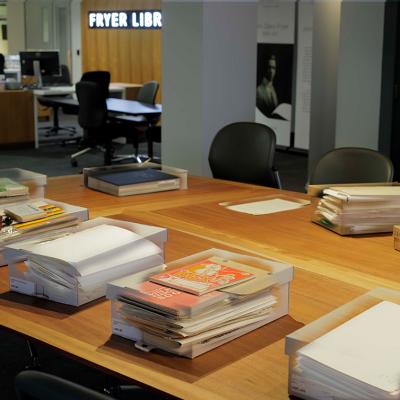 Items on a table in the Fryer Library.