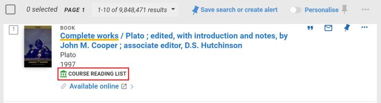 Library Search item with course reading list icon in the description.