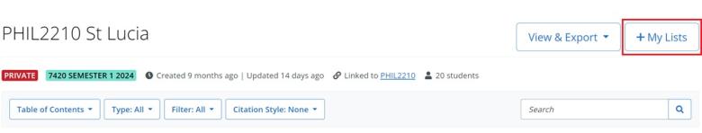 My Lists button highlighted at the top of a course reading list