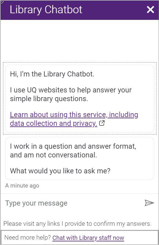 Library Chatbot pop-up screen.