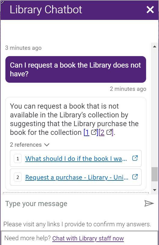 Library Chatbot pop-up screen with a question from a person and a response from the Bot.