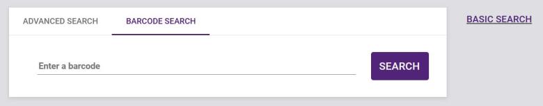 Barcode search: enter a barcode and press the Search button.