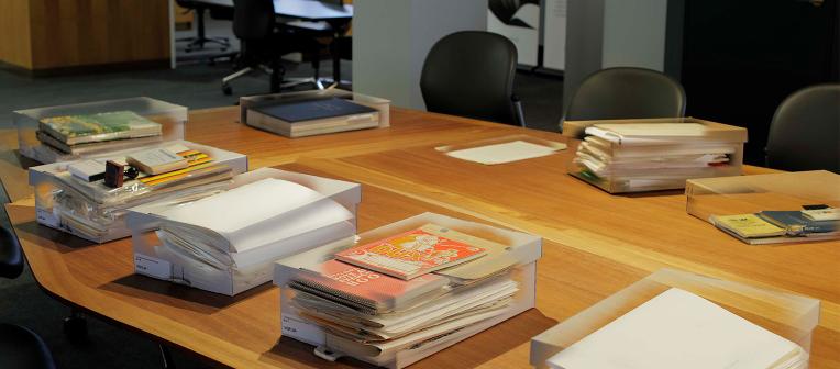 Items on a table in the Fryer Library.